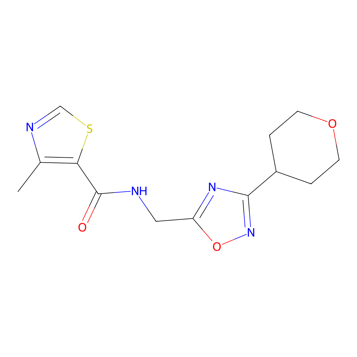 4-methyl-N-((3-(tetrahydro-2H-pyran-4-yl)-1,2,4-oxadiazol-5-yl)methyl)thiazole-5-carboxamide molecular structure, CAS 2034228-07-2