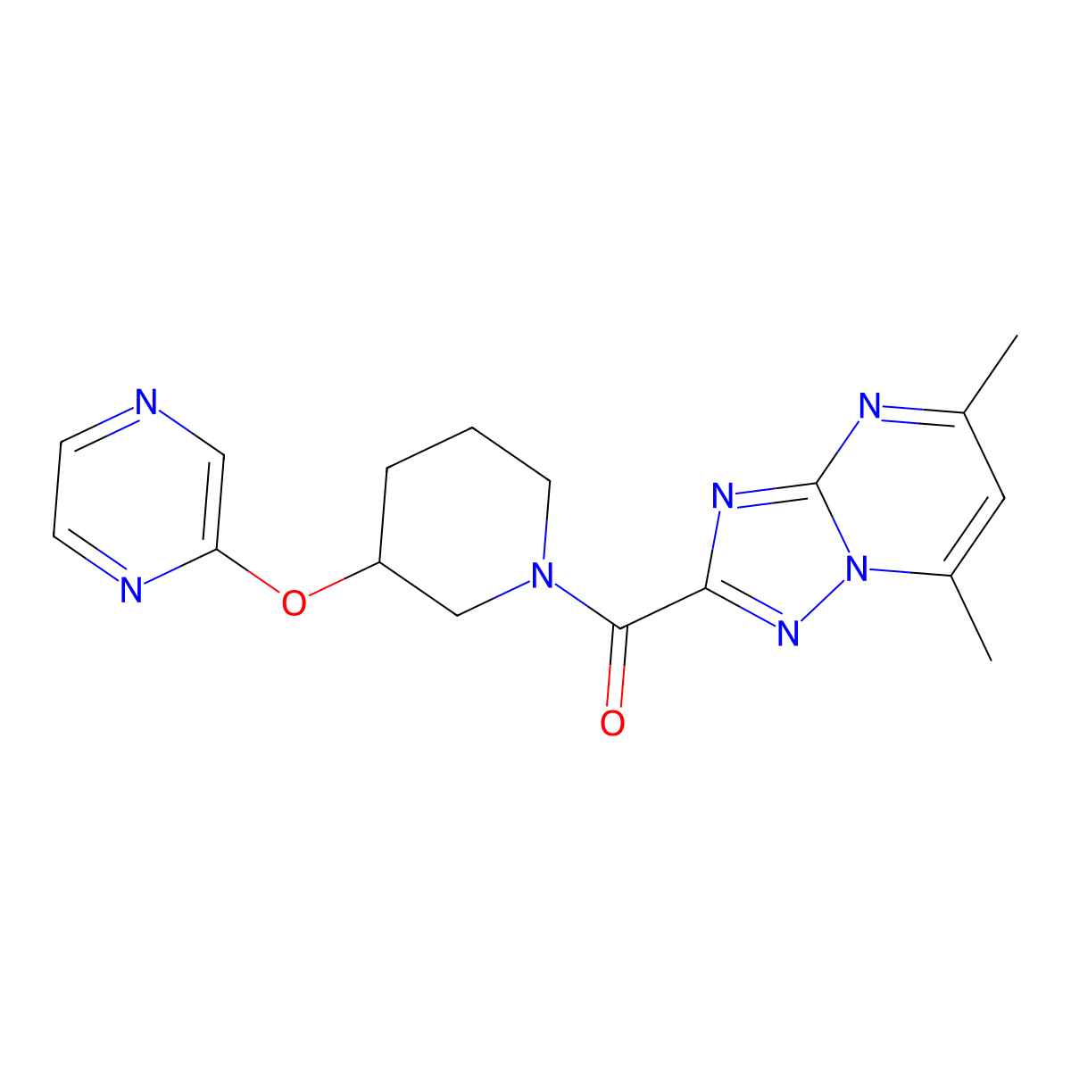 (5,7-Dimethyl-[1,2,4]triazolo[1,5-a]pyrimidin-2-yl)(3-(pyrazin-2-yloxy)piperidin-1-yl)methanone molecular structure, CAS 2034228-12-9