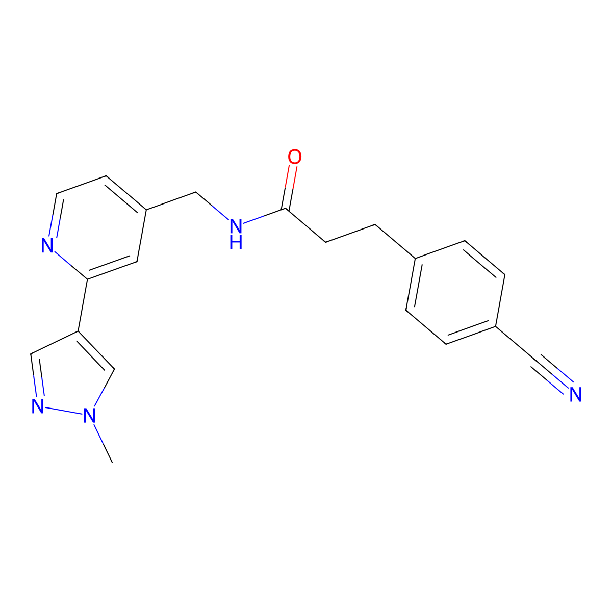 3-(4-cyanophenyl)-N-((2-(1-methyl-1H-pyrazol-4-yl)pyridin-4-yl)methyl)propanamide molecular structure, CAS 2034228-13-0
