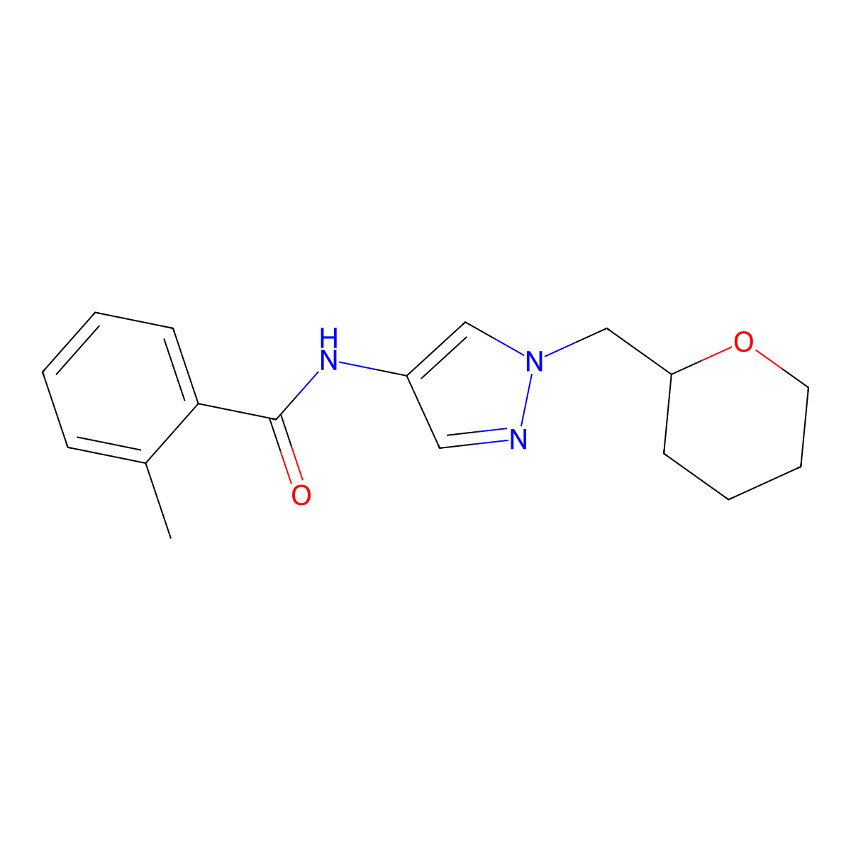 2-methyl-N-(1-((tetrahydro-2H-pyran-2-yl)methyl)-1H-pyrazol-4-yl)benzamide molecular structure, CAS 2034228-14-1