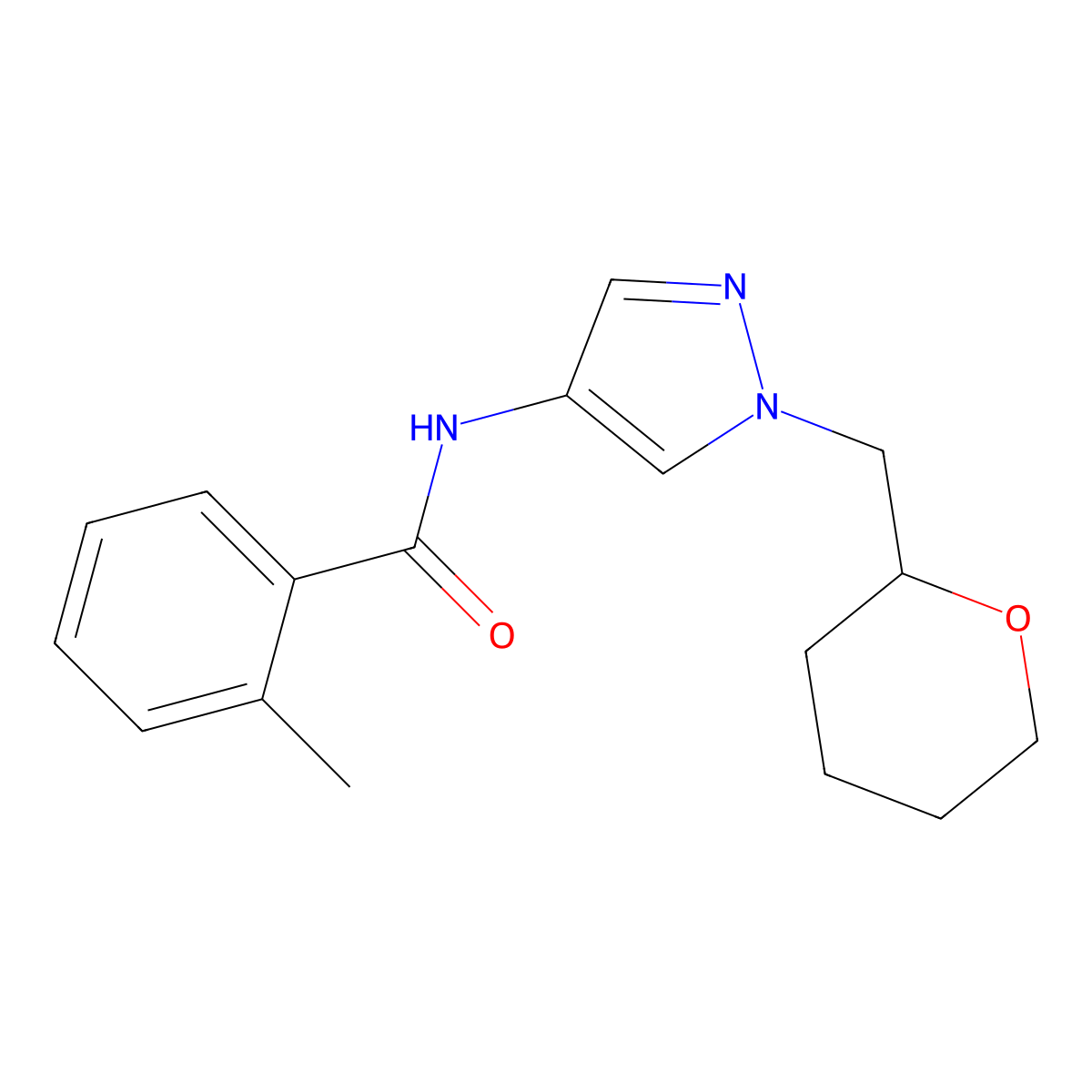 2-methyl-N-(1-((tetrahydro-2H-pyran-2-yl)methyl)-1H-pyrazol-4-yl)benzamide molecular structure, CAS 2034228-14-1