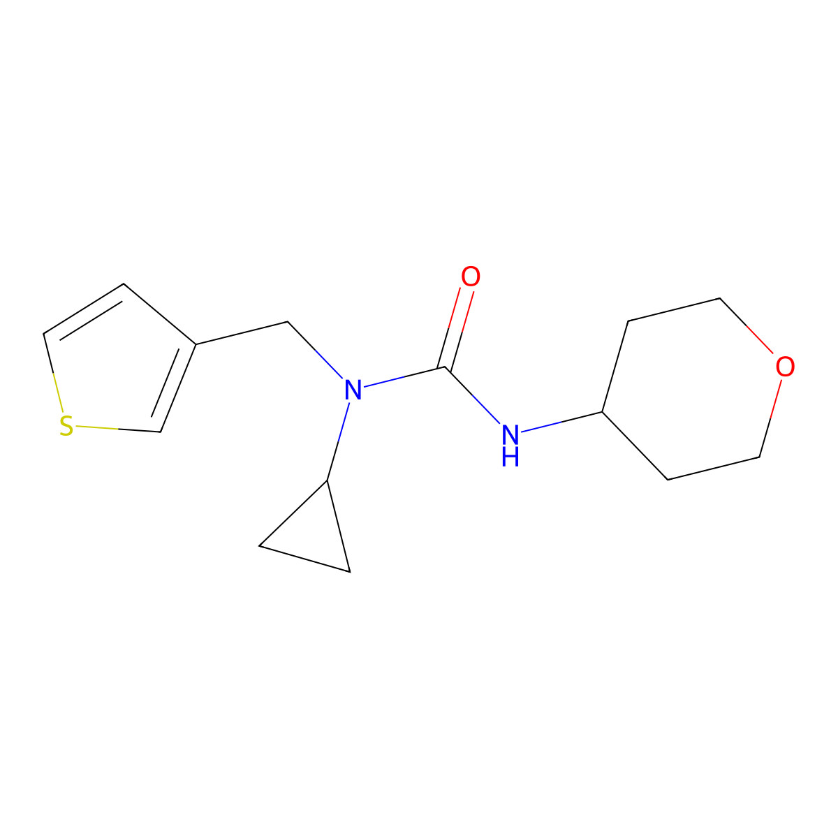 1-cyclopropyl-3-(tetrahydro-2H-pyran-4-yl)-1-(thiophen-3-ylmethyl)urea molecular structure, CAS 2034228-21-0