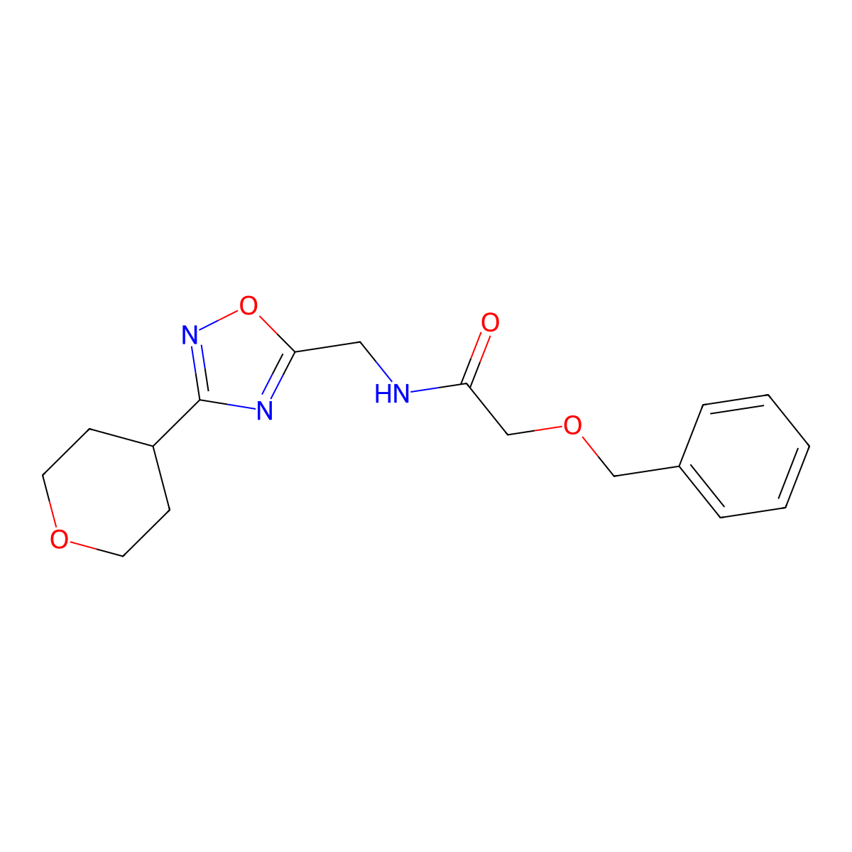 2-(benzyloxy)-N-((3-(tetrahydro-2H-pyran-4-yl)-1,2,4-oxadiazol-5-yl)methyl)acetamide molecular structure, CAS 2034228-29-8