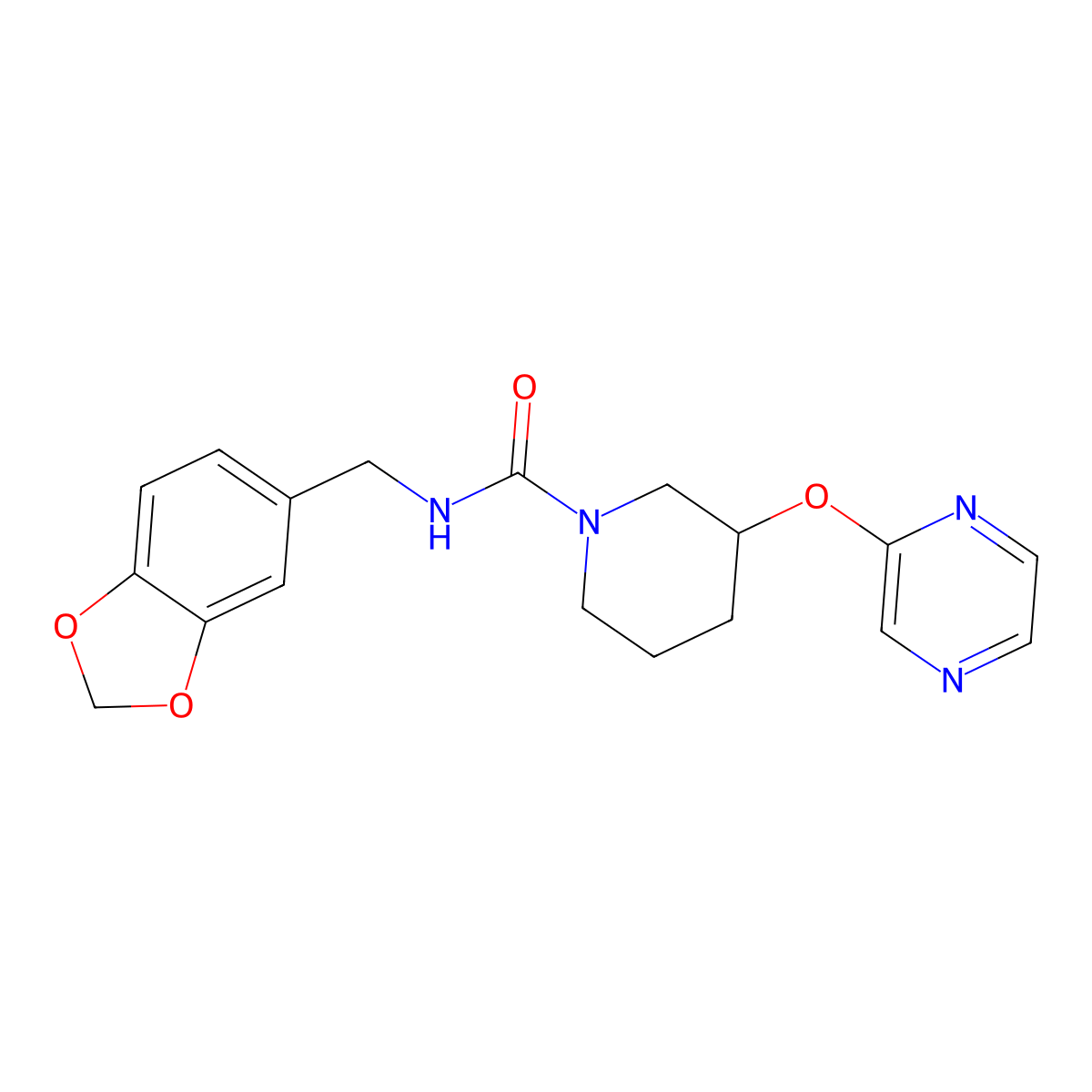 N-(benzo[d][1,3]dioxol-5-ylmethyl)-3-(pyrazin-2-yloxy)piperidine-1-carboxamide molecular structure, CAS 2034228-32-3