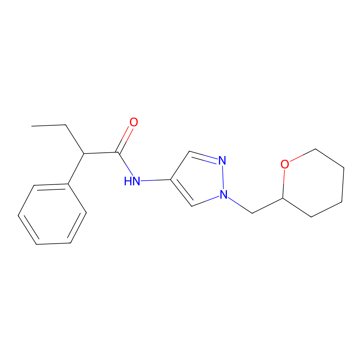 2-phenyl-N-(1-((tetrahydro-2H-pyran-2-yl)methyl)-1H-pyrazol-4-yl)butanamide molecular structure, CAS 2034228-33-4