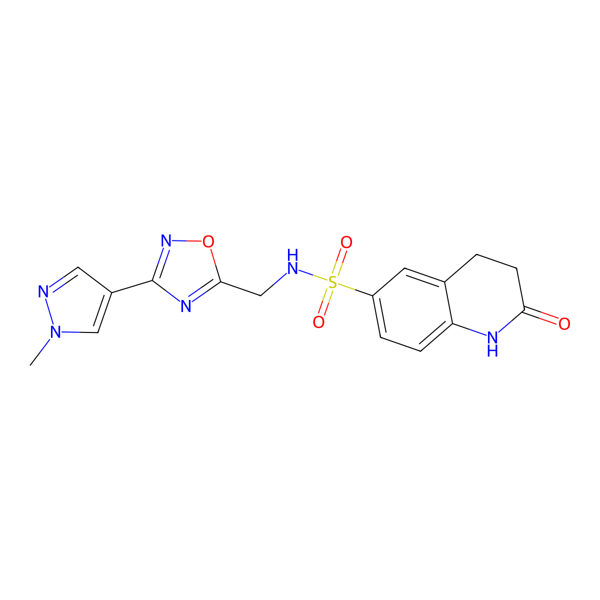 N-((3-(1-methyl-1H-pyrazol-4-yl)-1,2,4-oxadiazol-5-yl)methyl)-2-oxo-1,2,3,4-tetrahydroquinoline-6-sulfonamide molecular structure, CAS 2034228-36-7