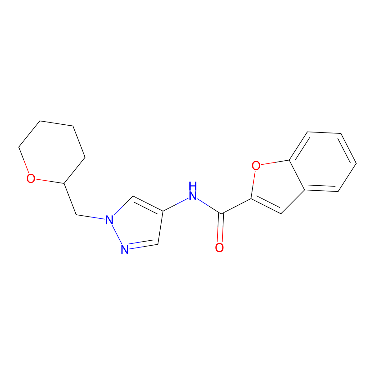 N-(1-((tetrahydro-2H-pyran-2-yl)methyl)-1H-pyrazol-4-yl)benzofuran-2-carboxamide molecular structure, CAS 2034228-39-0