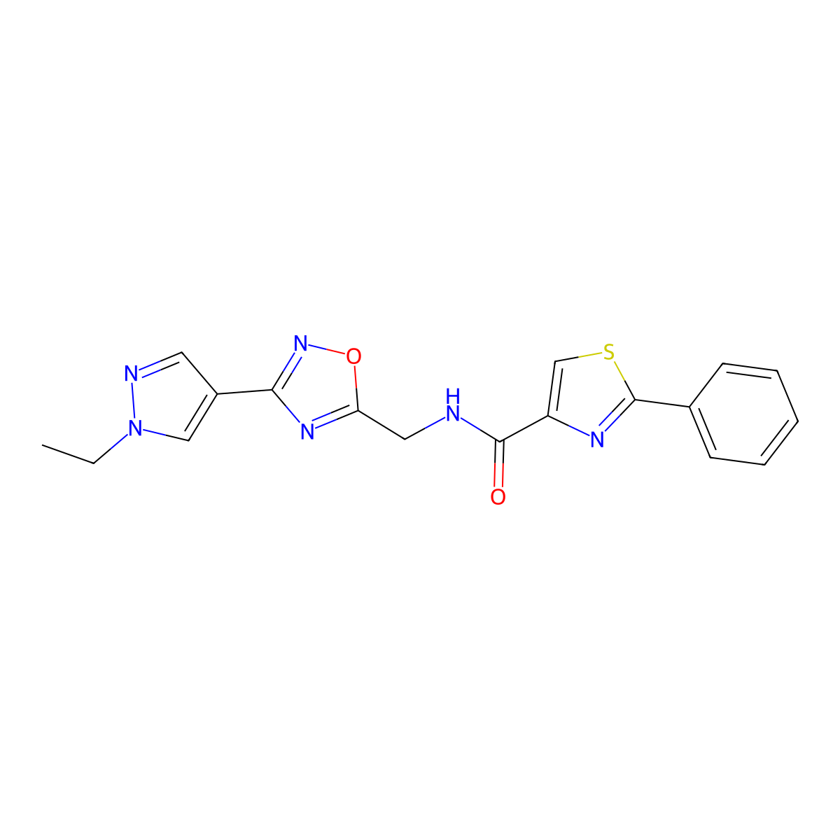 N-((3-(1-ethyl-1H-pyrazol-4-yl)-1,2,4-oxadiazol-5-yl)methyl)-2-phenylthiazole-4-carboxamide molecular structure, CAS 2034228-43-6