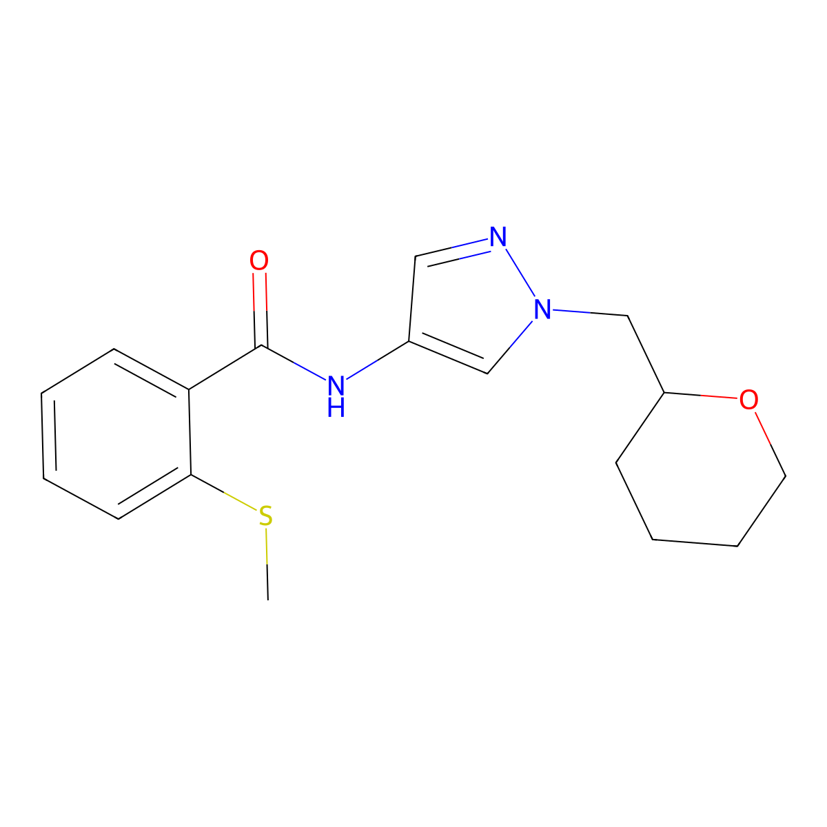 2-(methylthio)-N-(1-((tetrahydro-2H-pyran-2-yl)methyl)-1H-pyrazol-4-yl)benzamide molecular structure, CAS 2034228-52-7