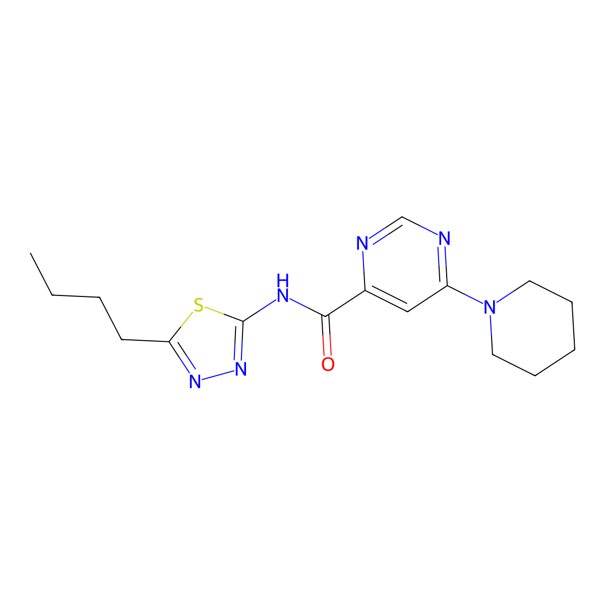 N-(5-butyl-1,3,4-thiadiazol-2-yl)-6-(piperidin-1-yl)pyrimidine-4-carboxamide molecular structure, CAS 2034228-53-8