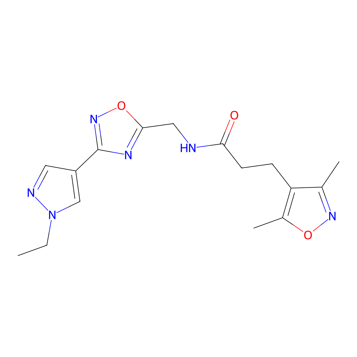 3-(3,5-dimethylisoxazol-4-yl)-N-((3-(1-ethyl-1H-pyrazol-4-yl)-1,2,4-oxadiazol-5-yl)methyl)propanamide molecular structure, CAS 2034228-55-0
