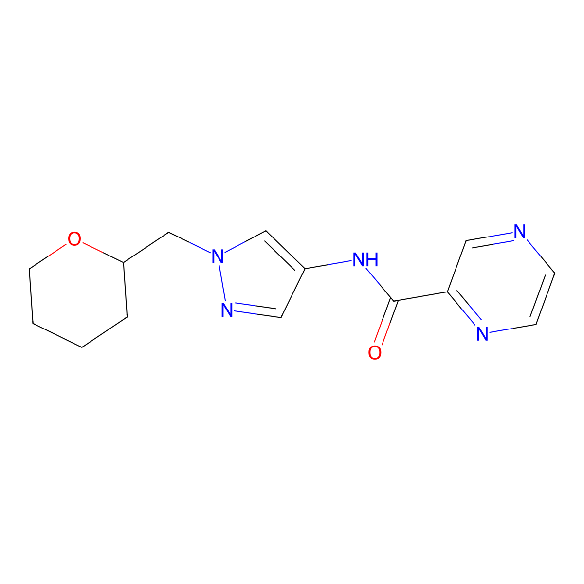 N-(1-((tetrahydro-2H-pyran-2-yl)methyl)-1H-pyrazol-4-yl)pyrazine-2-carboxamide molecular structure, CAS 2034228-62-9