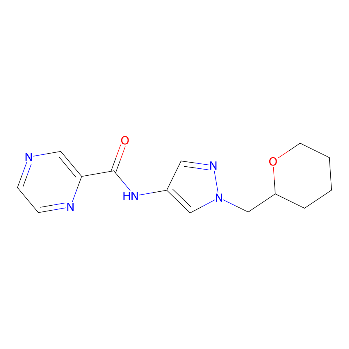 N-(1-((tetrahydro-2H-pyran-2-yl)methyl)-1H-pyrazol-4-yl)pyrazine-2-carboxamide molecular structure, CAS 2034228-62-9
