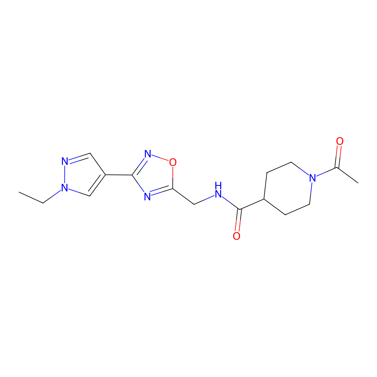 1-acetyl-N-((3-(1-ethyl-1H-pyrazol-4-yl)-1,2,4-oxadiazol-5-yl)methyl)piperidine-4-carboxamide molecular structure, CAS 2034228-63-0