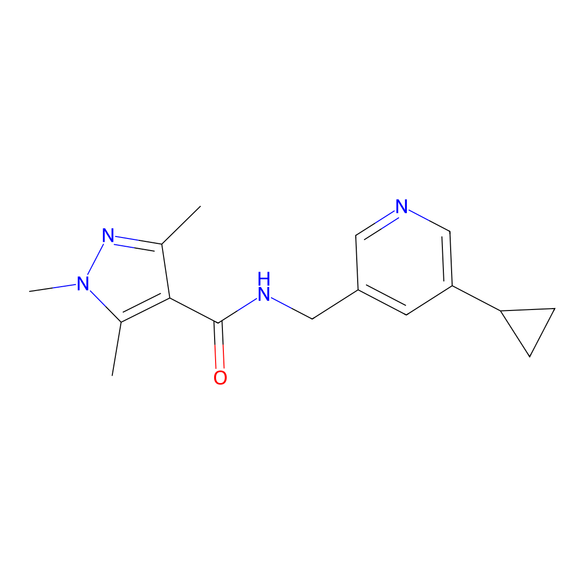 N-((5-cyclopropylpyridin-3-yl)methyl)-1,3,5-trimethyl-1H-pyrazole-4-carboxamide molecular structure, CAS 2034228-64-1