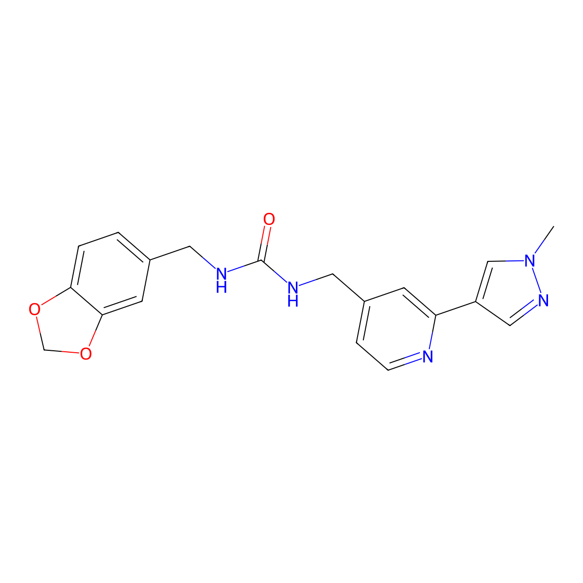 1-(benzo[d][1,3]dioxol-5-ylmethyl)-3-((2-(1-methyl-1H-pyrazol-4-yl)pyridin-4-yl)methyl)urea molecular structure, CAS 2034228-67-4