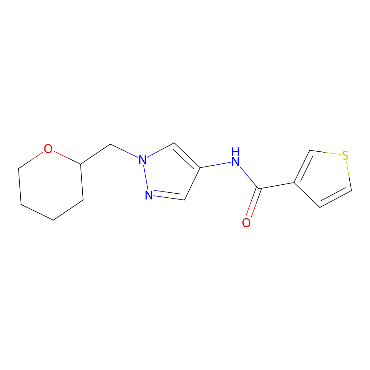 N-(1-((tetrahydro-2H-pyran-2-yl)methyl)-1H-pyrazol-4-yl)thiophene-3-carboxamide molecular structure, CAS 2034228-69-6