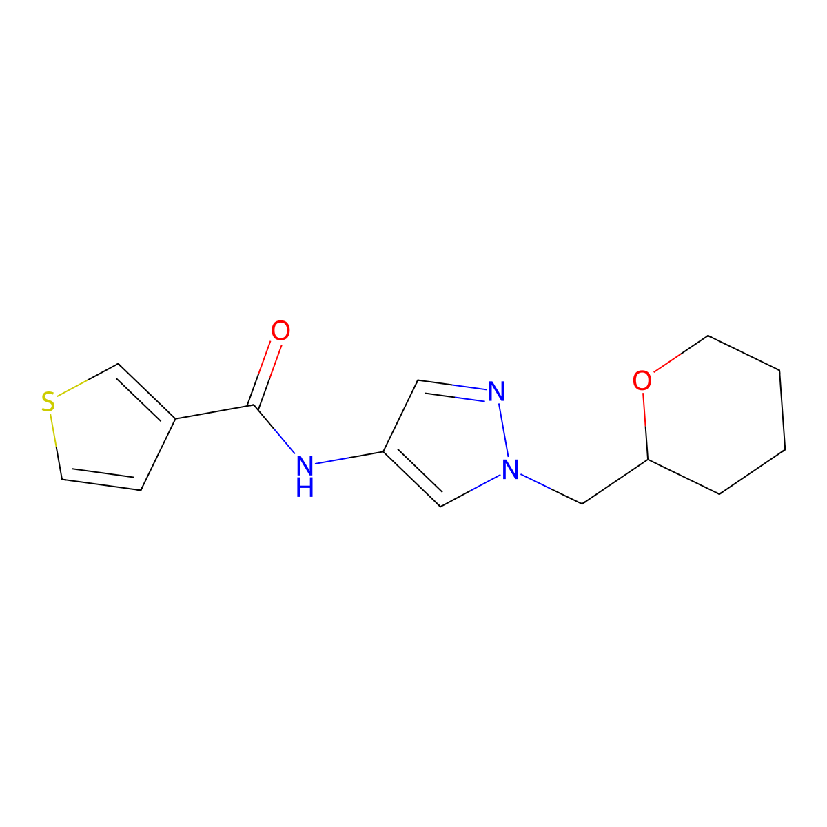 N-(1-((tetrahydro-2H-pyran-2-yl)methyl)-1H-pyrazol-4-yl)thiophene-3-carboxamide molecular structure, CAS 2034228-69-6