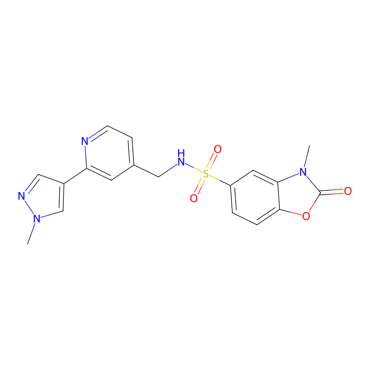 3-methyl-N-((2-(1-methyl-1H-pyrazol-4-yl)pyridin-4-yl)methyl)-2-oxo-2,3-dihydrobenzo[d]oxazole-5-sulfonamide molecular structure, CAS 2034228-76-5
