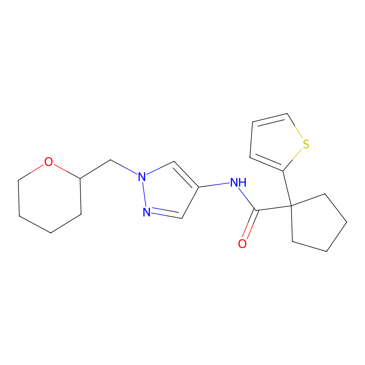 N-(1-((tetrahydro-2H-pyran-2-yl)methyl)-1H-pyrazol-4-yl)-1-(thiophen-2-yl)cyclopentanecarboxamide molecular structure, CAS 2034228-77-6
