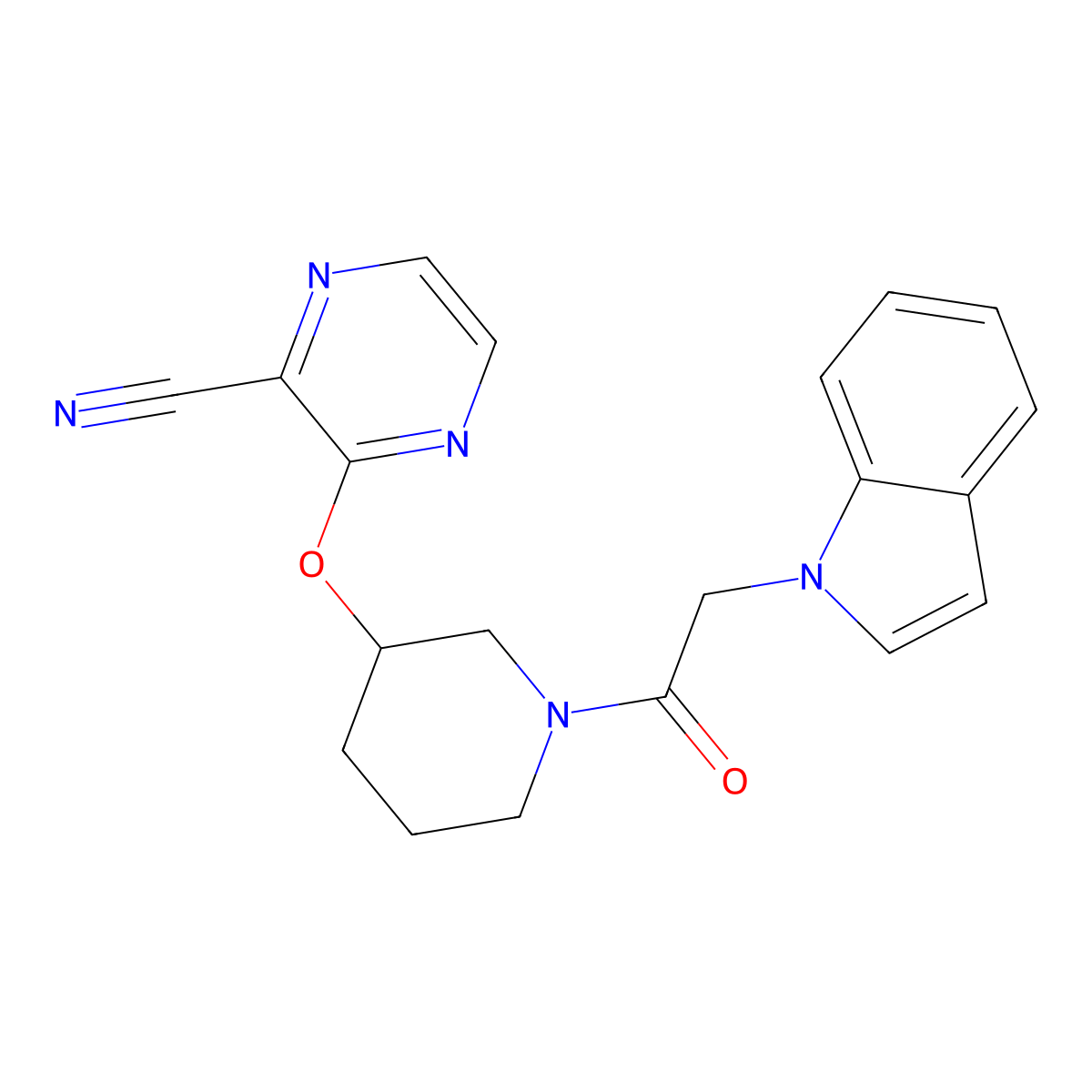 3-({1-[2-(1H-indol-1-yl)acetyl]piperidin-3-yl}oxy)pyrazine-2-carbonitrile molecular structure, CAS 2034228-78-7