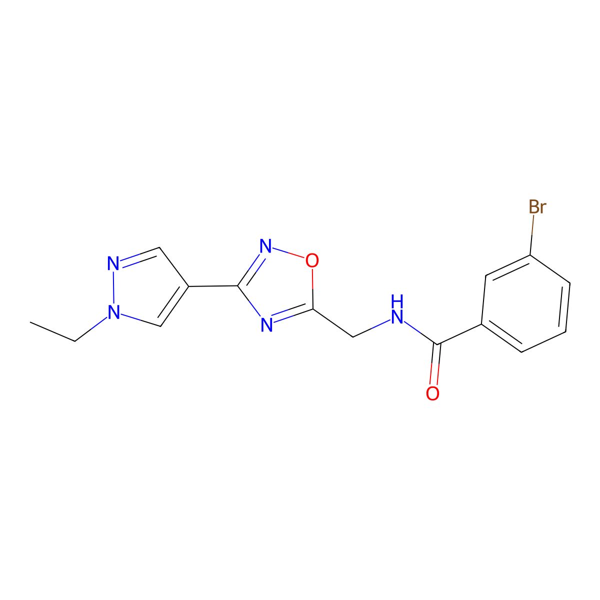 3-bromo-N-((3-(1-ethyl-1H-pyrazol-4-yl)-1,2,4-oxadiazol-5-yl)methyl)benzamide molecular structure, CAS 2034228-79-8