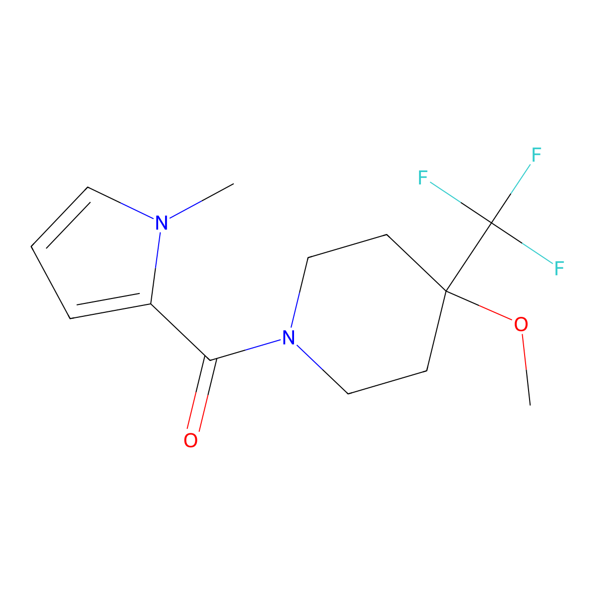(4-methoxy-4-(trifluoromethyl)piperidin-1-yl)(1-methyl-1H-pyrrol-2-yl)methanone molecular structure, CAS 2034228-80-1