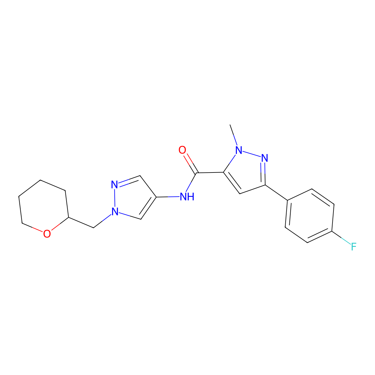 3-(4-fluorophenyl)-1-methyl-N-(1-((tetrahydro-2H-pyran-2-yl)methyl)-1H-pyrazol-4-yl)-1H-pyrazole-5-carboxamide molecular structure, CAS 2034228-86-7