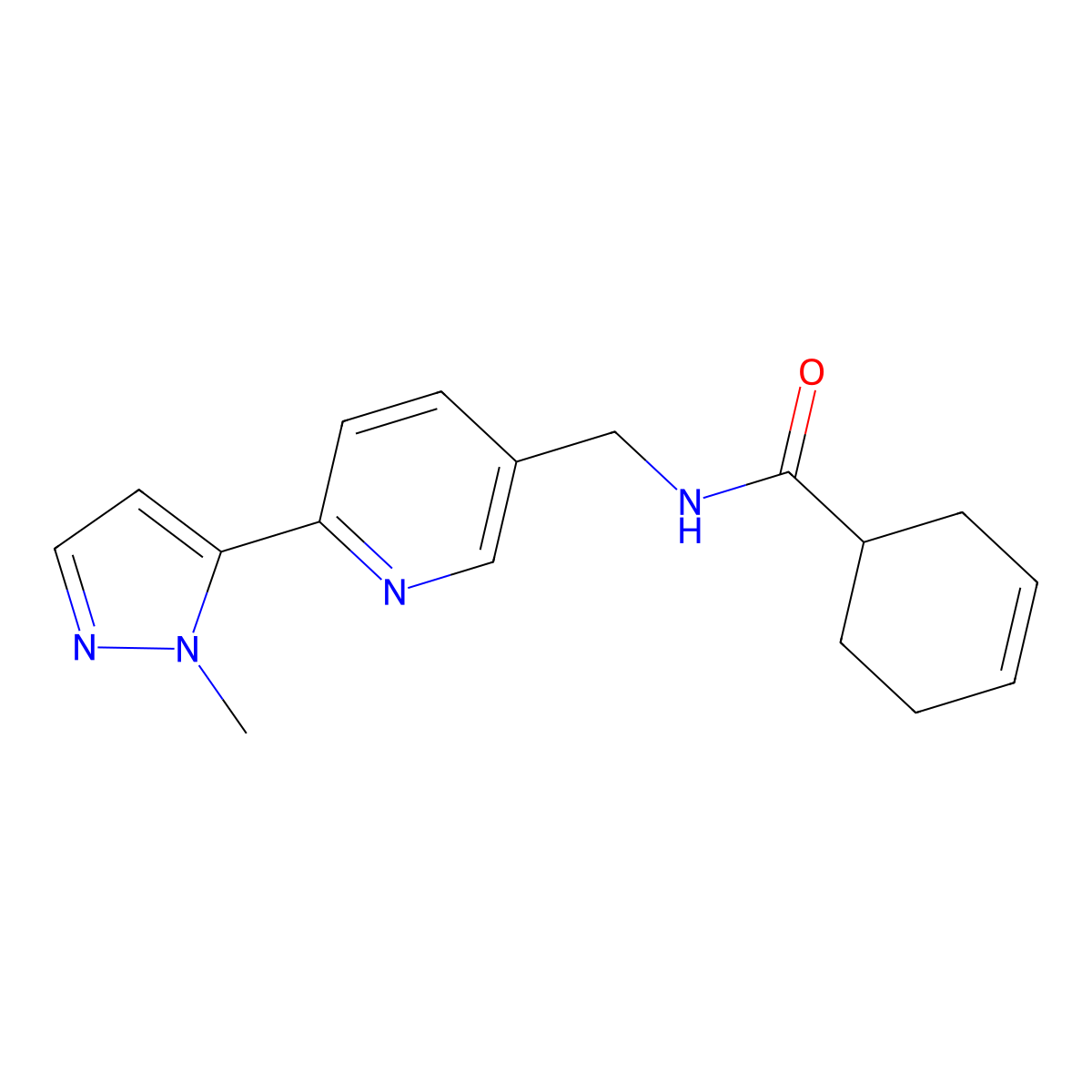 N-((6-(1-methyl-1H-pyrazol-5-yl)pyridin-3-yl)methyl)cyclohex-3-enecarboxamide molecular structure, CAS 2034228-93-6