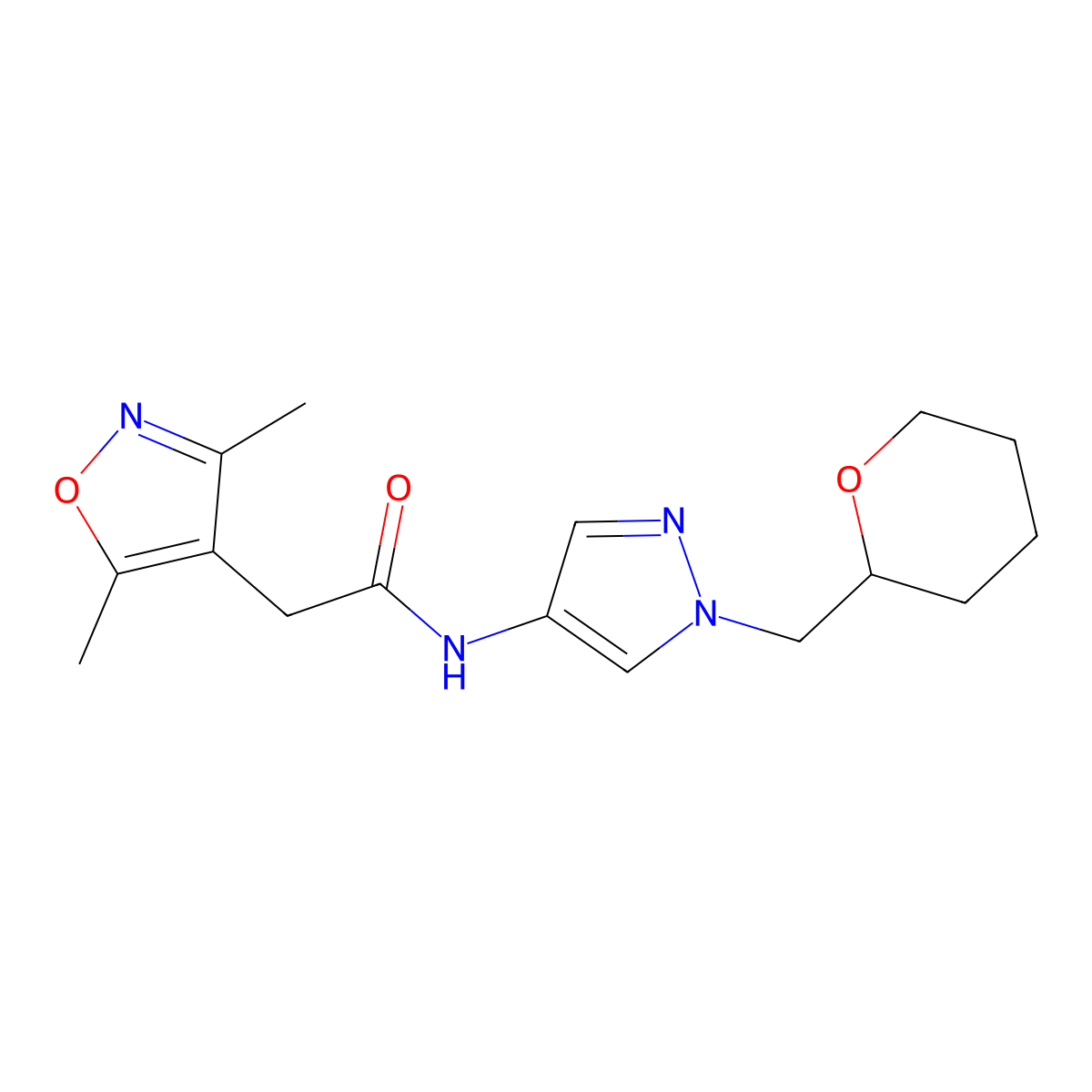 2-(3,5-dimethylisoxazol-4-yl)-N-(1-((tetrahydro-2H-pyran-2-yl)methyl)-1H-pyrazol-4-yl)acetamide molecular structure, CAS 2034228-94-7