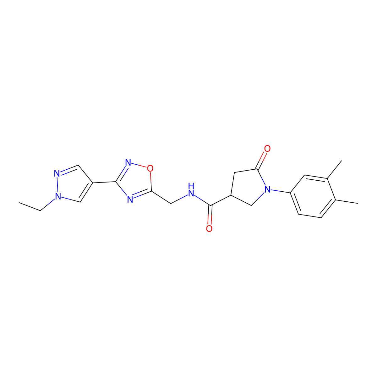 1-(3,4-dimethylphenyl)-N-{[3-(1-ethyl-1H-pyrazol-4-yl)-1,2,4-oxadiazol-5-yl]methyl}-5-oxopyrrolidine-3-carboxamide molecular structure, CAS 2034228-95-8