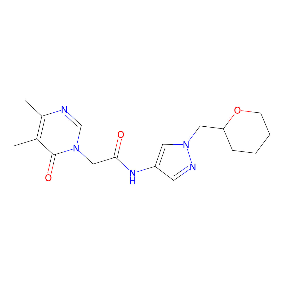 2-(4,5-dimethyl-6-oxopyrimidin-1(6H)-yl)-N-(1-((tetrahydro-2H-pyran-2-yl)methyl)-1H-pyrazol-4-yl)acetamide molecular structure, CAS 2034229-01-9