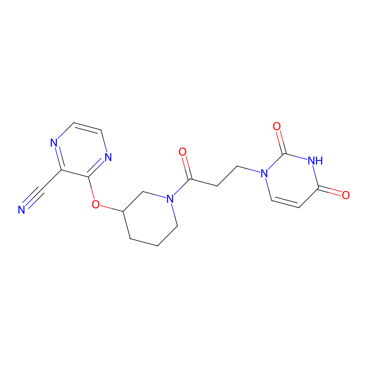 3-((1-(3-(2,4-dioxo-3,4-dihydropyrimidin-1(2H)-yl)propanoyl)piperidin-3-yl)oxy)pyrazine-2-carbonitrile molecular structure, CAS 2034229-03-1