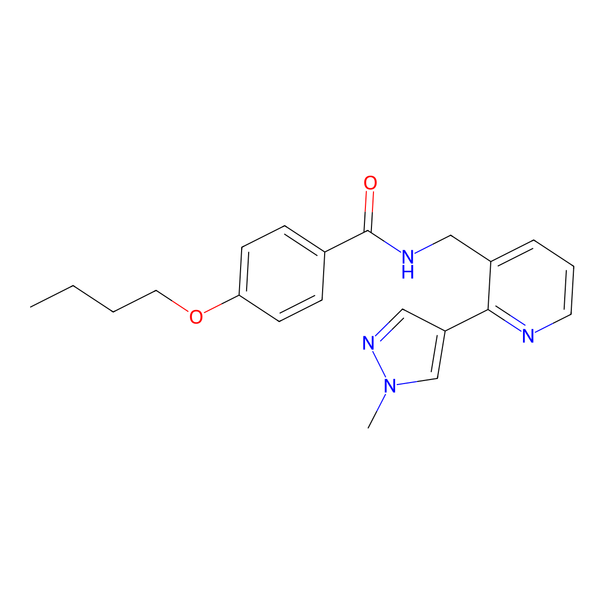 4-butoxy-N-{[2-(1-methyl-1H-pyrazol-4-yl)pyridin-3-yl]methyl}benzamide molecular structure, CAS 2034229-06-4