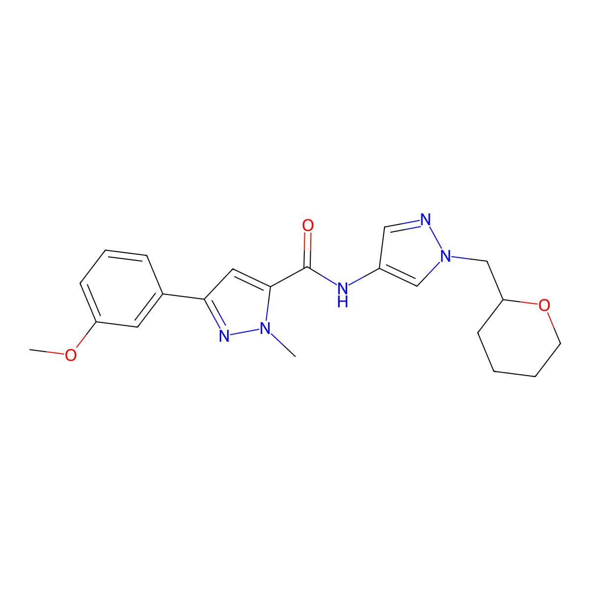 3-(3-methoxyphenyl)-1-methyl-N-(1-((tetrahydro-2H-pyran-2-yl)methyl)-1H-pyrazol-4-yl)-1H-pyrazole-5-carboxamide molecular structure, CAS 2034229-07-5