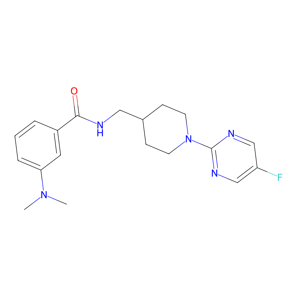 3-(dimethylamino)-N-((1-(5-fluoropyrimidin-2-yl)piperidin-4-yl)methyl)benzamide molecular structure, CAS 2034229-09-7