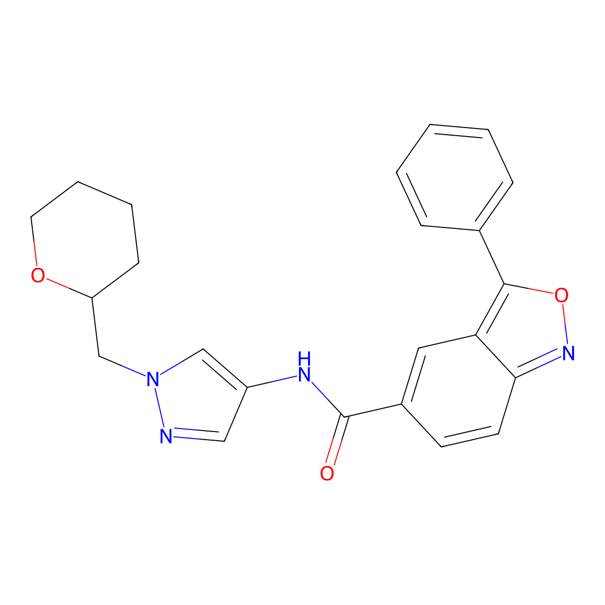 3-phenyl-N-(1-((tetrahydro-2H-pyran-2-yl)methyl)-1H-pyrazol-4-yl)benzo[c]isoxazole-5-carboxamide molecular structure, CAS 2034229-14-4