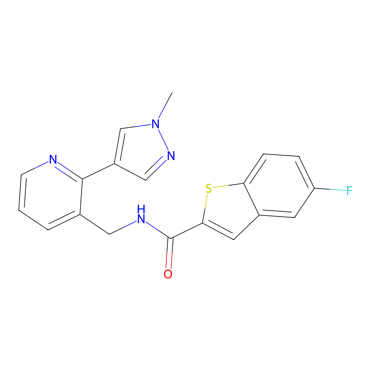 5-fluoro-N-((2-(1-methyl-1H-pyrazol-4-yl)pyridin-3-yl)methyl)benzo[b]thiophene-2-carboxamide molecular structure, CAS 2034229-15-5