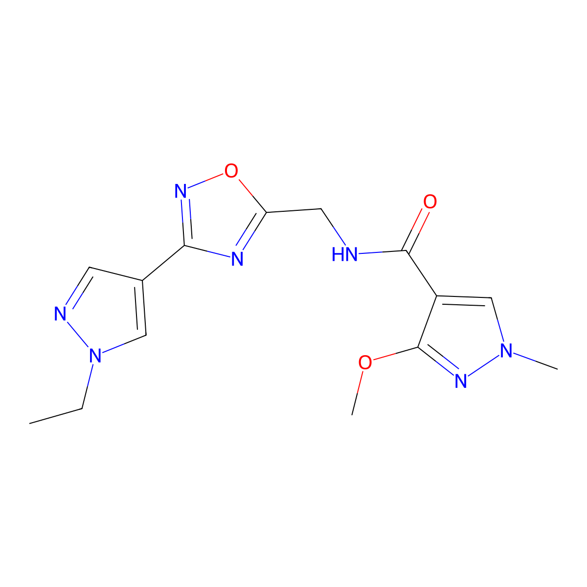 N-{[3-(1-ethyl-1H-pyrazol-4-yl)-1,2,4-oxadiazol-5-yl]methyl}-3-methoxy-1-methyl-1H-pyrazole-4-carboxamide molecular structure, CAS 2034229-18-8