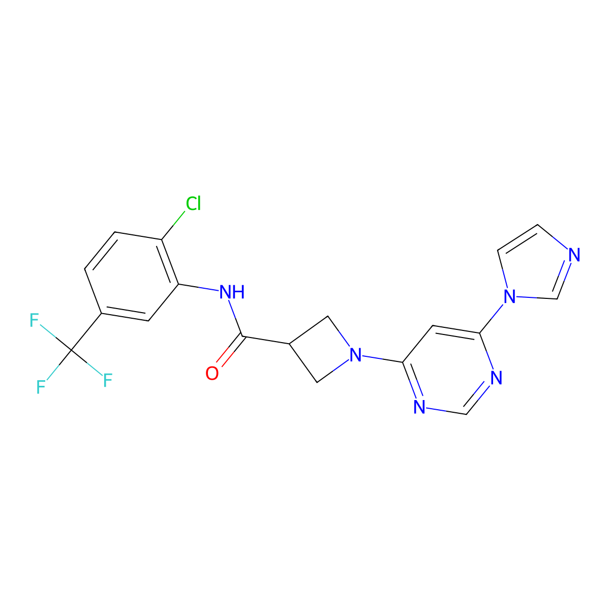 1-(6-(1H-imidazol-1-yl)pyrimidin-4-yl)-N-(2-chloro-5-(trifluoromethyl)phenyl)azetidine-3-carboxamide molecular structure, CAS 2034229-23-5