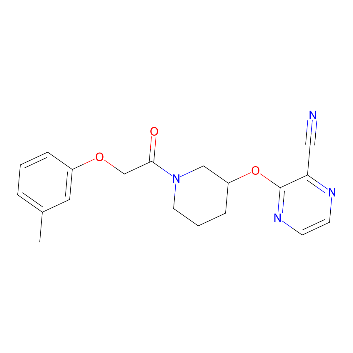 3-((1-(2-(m-Tolyloxy)acetyl)piperidin-3-yl)oxy)pyrazine-2-carbonitrile molecular structure, CAS 2034229-24-6