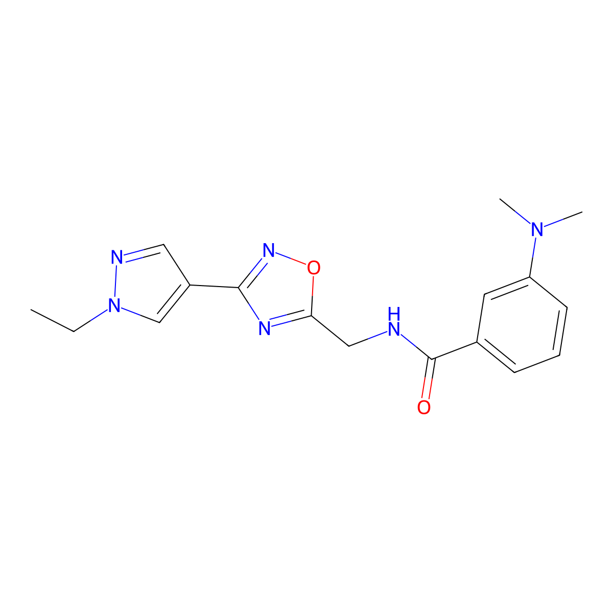 3-(dimethylamino)-N-((3-(1-ethyl-1H-pyrazol-4-yl)-1,2,4-oxadiazol-5-yl)methyl)benzamide molecular structure, CAS 2034229-25-7