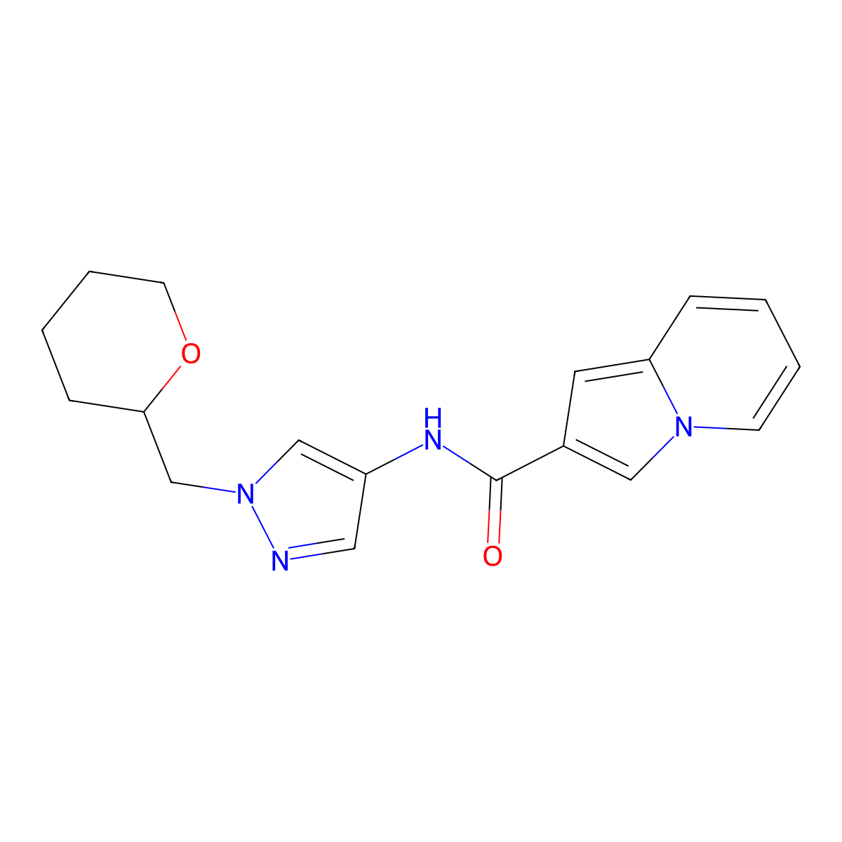 N-(1-((tetrahydro-2H-pyran-2-yl)methyl)-1H-pyrazol-4-yl)indolizine-2-carboxamide molecular structure, CAS 2034229-26-8