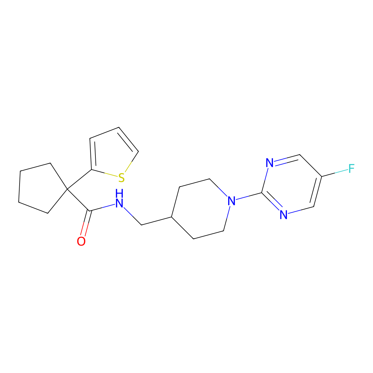 N-((1-(5-fluoropyrimidin-2-yl)piperidin-4-yl)methyl)-1-(thiophen-2-yl)cyclopentanecarboxamide molecular structure, CAS 2034229-30-4