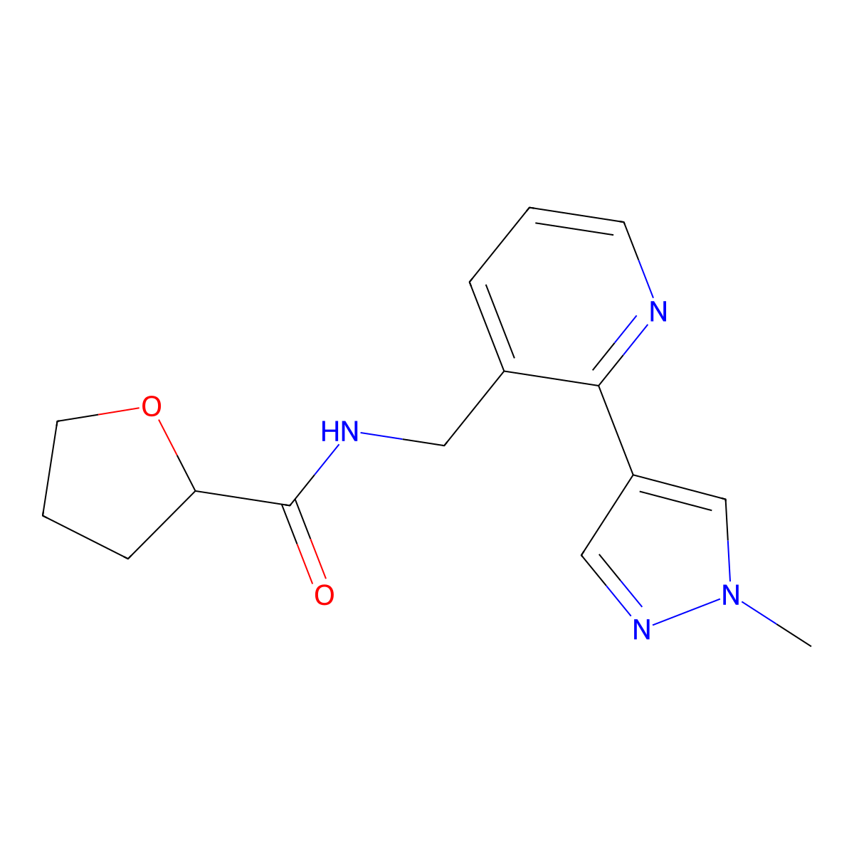N-((2-(1-methyl-1H-pyrazol-4-yl)pyridin-3-yl)methyl)tetrahydrofuran-2-carboxamide molecular structure, CAS 2034229-31-5