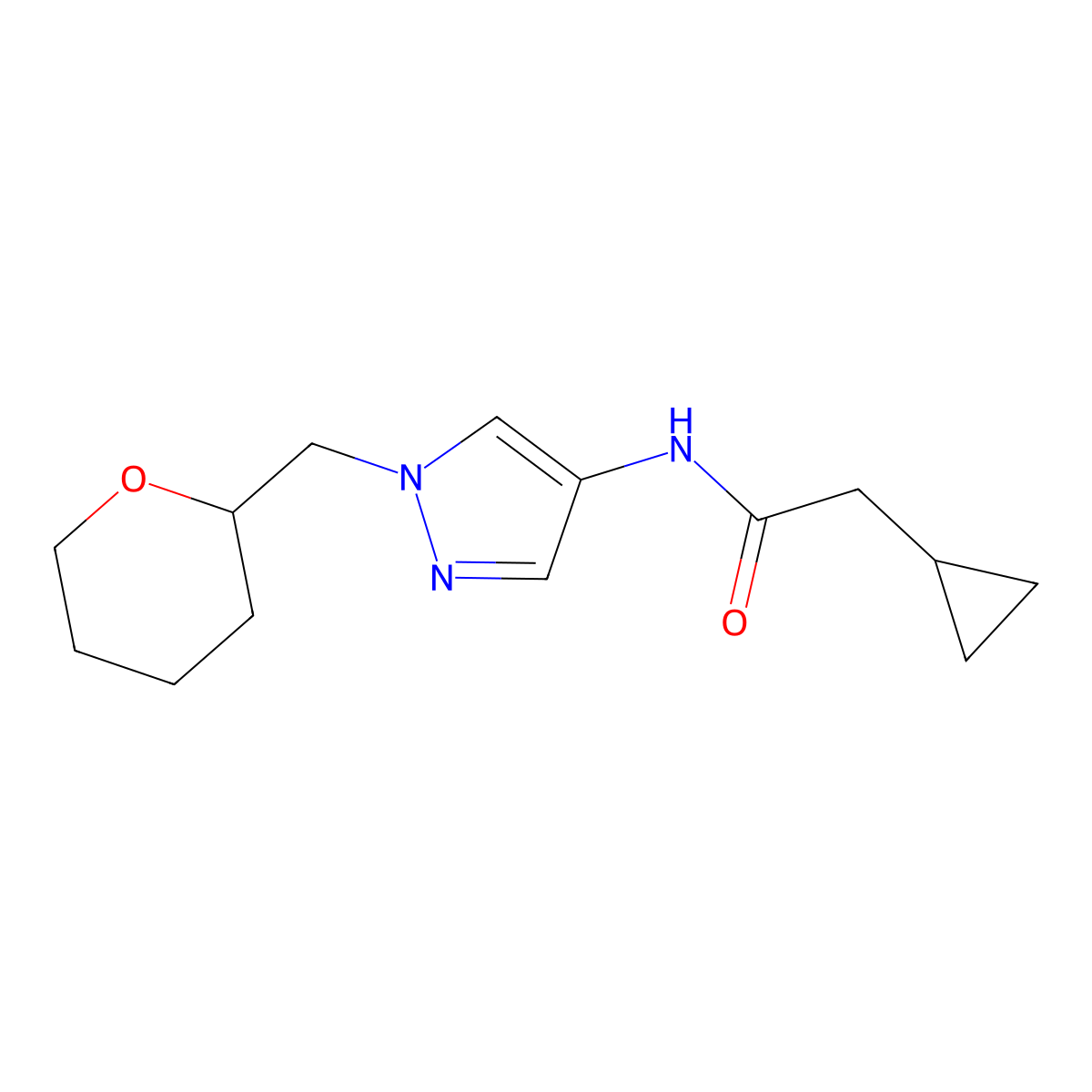 2-cyclopropyl-N-{1-[(oxan-2-yl)methyl]-1H-pyrazol-4-yl}acetamide molecular structure, CAS 2034229-41-7