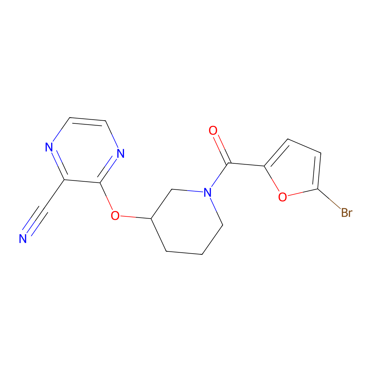 3-((1-(5-Bromofuran-2-carbonyl)piperidin-3-yl)oxy)pyrazine-2-carbonitrile molecular structure, CAS 2034229-43-9