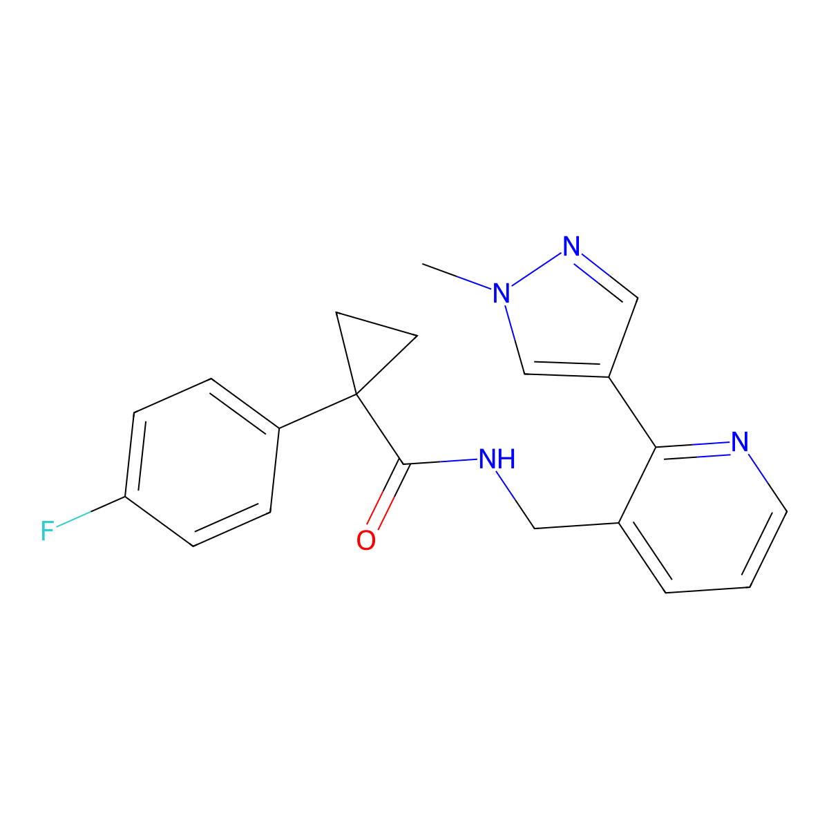 1-(4-fluorophenyl)-N-((2-(1-methyl-1H-pyrazol-4-yl)pyridin-3-yl)methyl)cyclopropanecarboxamide molecular structure, CAS 2034229-45-1