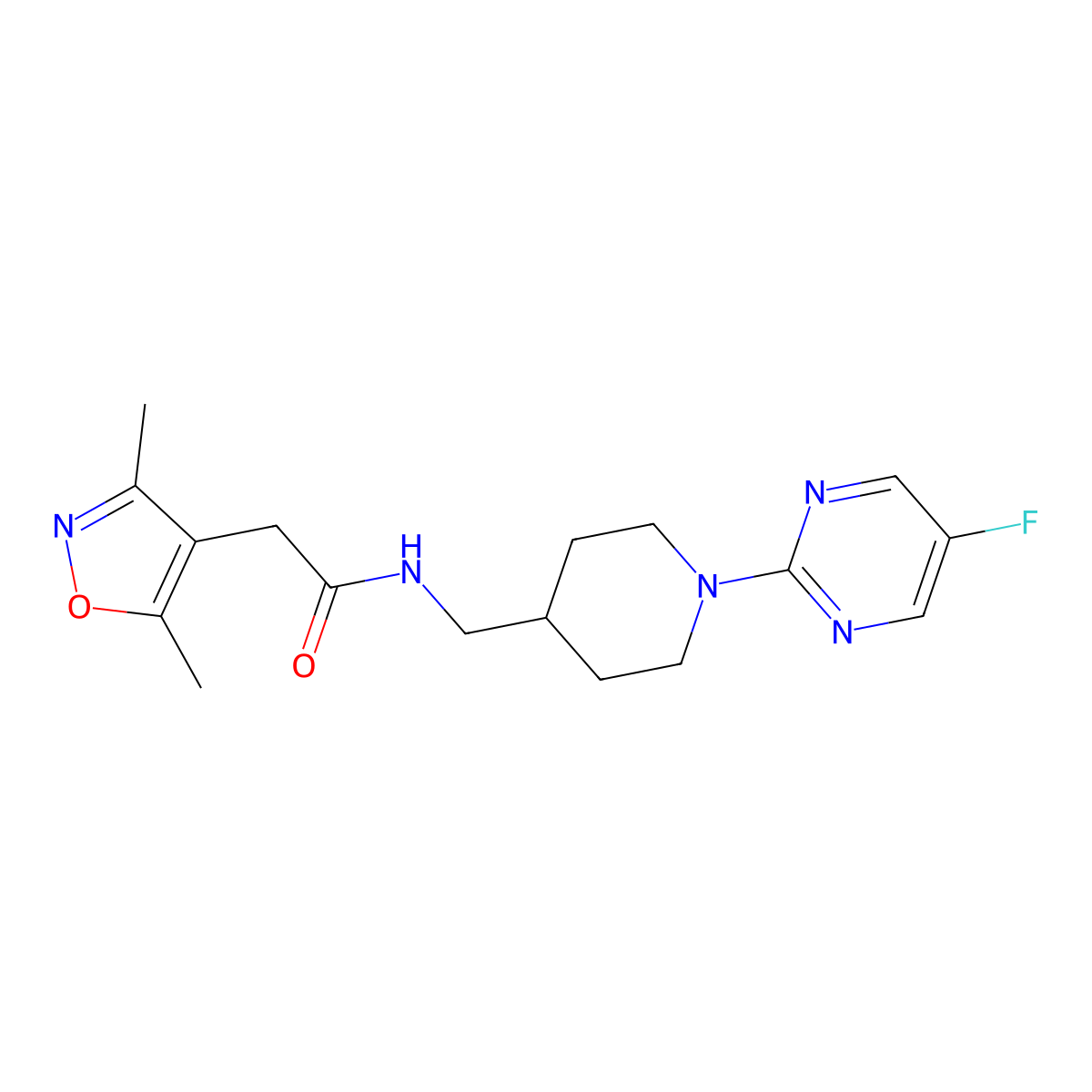 2-(3,5-dimethylisoxazol-4-yl)-N-((1-(5-fluoropyrimidin-2-yl)piperidin-4-yl)methyl)acetamide molecular structure, CAS 2034229-49-5