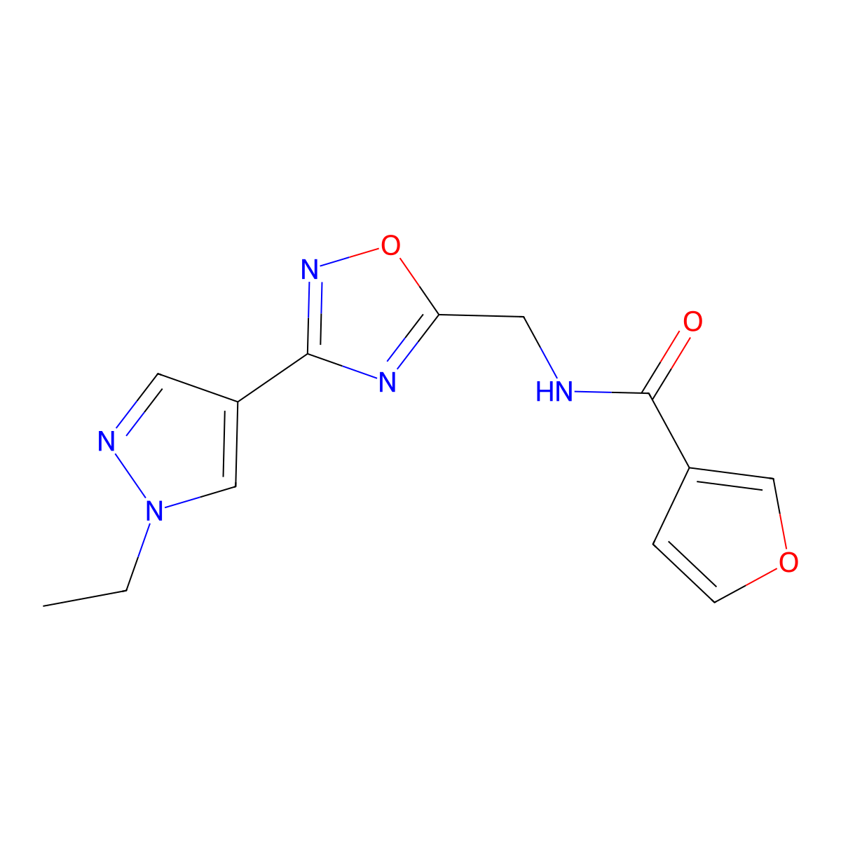 N-((3-(1-ethyl-1H-pyrazol-4-yl)-1,2,4-oxadiazol-5-yl)methyl)furan-3-carboxamide molecular structure, CAS 2034229-52-0